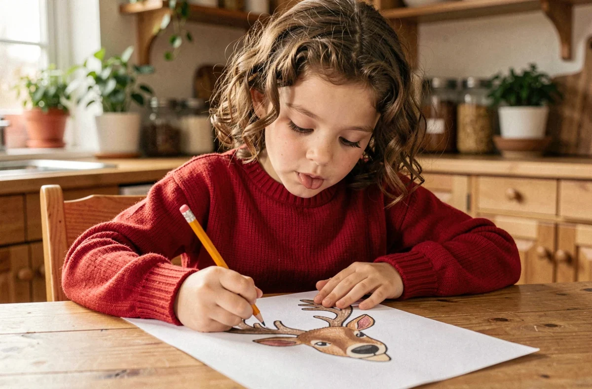 Petite fille dessinant une tête de renne sur papier avec des crayons de couleur à la table de cuisine