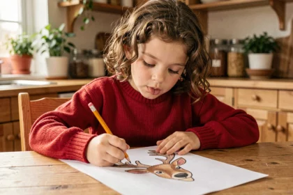 Petite fille dessinant une tête de renne sur papier avec des crayons de couleur à la table de cuisine