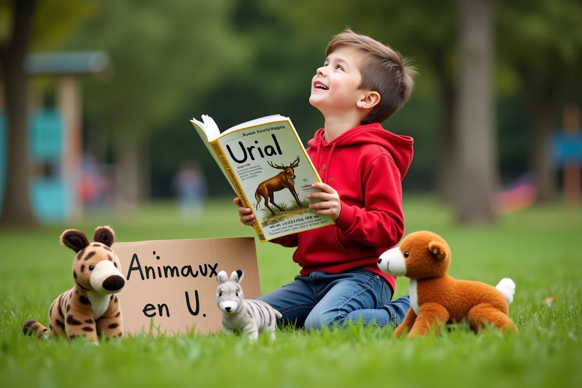 Garçon avec encyclopedie animaux en U dans un parc