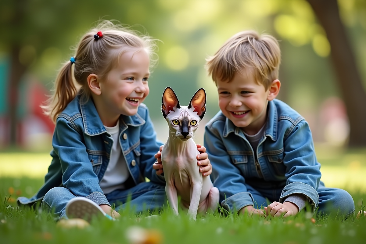 Deux enfants avec chat sans poils dans un parc verdoyant
