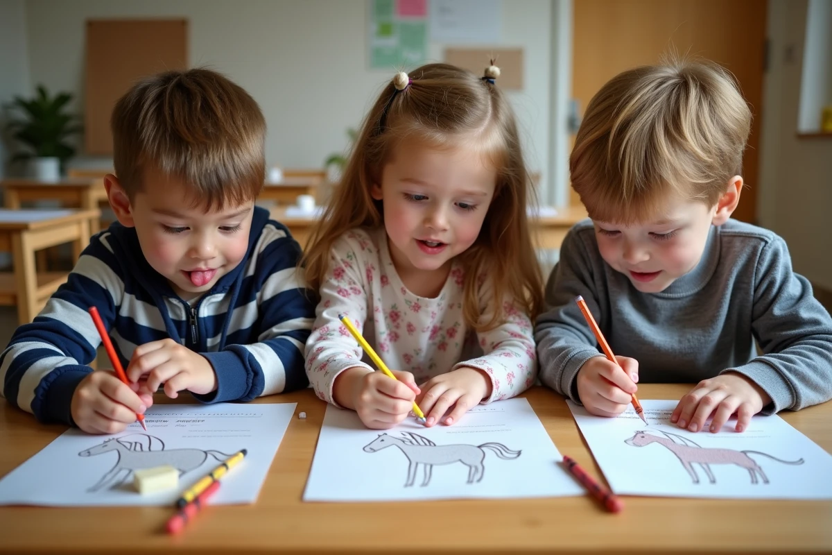 Trois enfants travaillant sur une fiche d'activité illustrée autour de la chanson du cheval à l'école primaire
