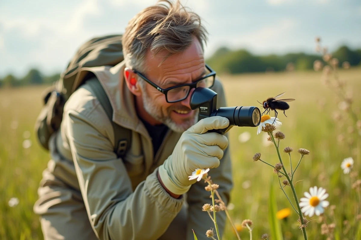 Entomologiste observant un gros insecte noir volant sur une plante fleurie dans une prairie ensoleillée