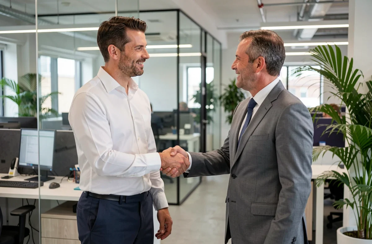 Entrepreneur signant un contrat d'assurance professionnelle avec un conseiller dans un bureau moderne