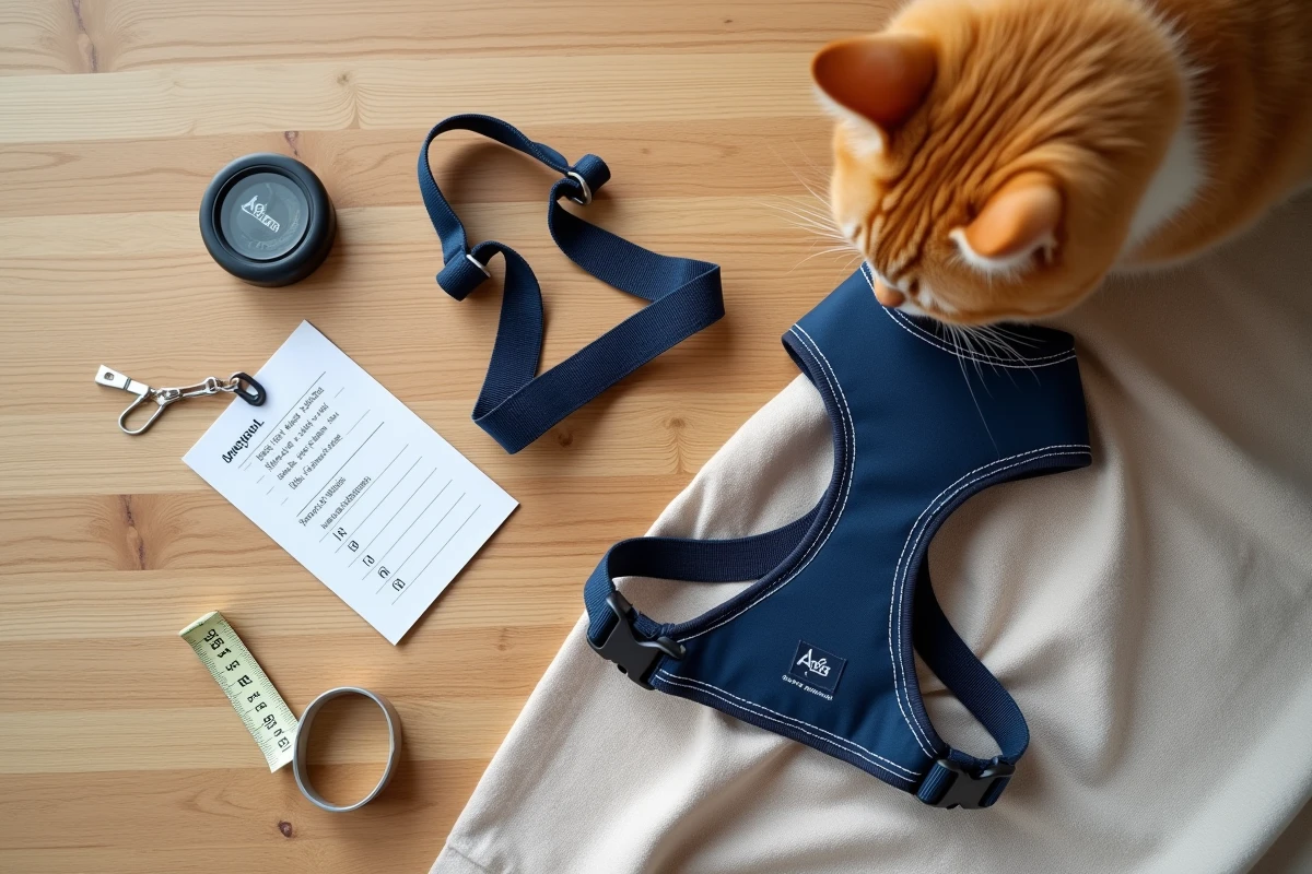 Vue à plat d'un harnais anti-évasion pour chat en nylon marine avec mètre ruban et checklist illustrant les erreurs de taille à éviter
