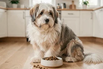Eurasier adulte assis devant un bol de croquettes dans une cuisine domestique, illustrant l'alimentation quotidienne du chien