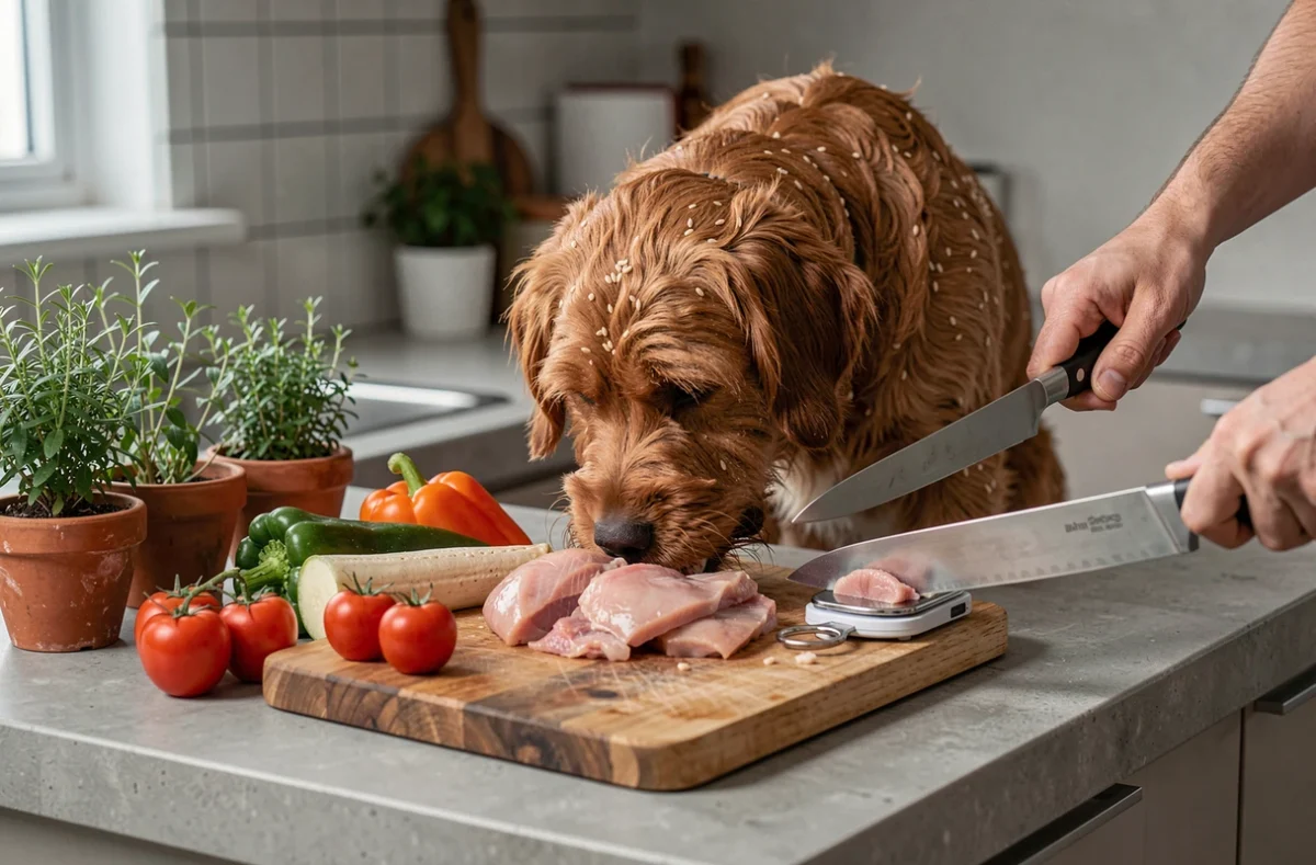 Eurasier observant la préparation d'une ration ménagère maison avec légumes et viande crue sur un plan de travail en cuisine