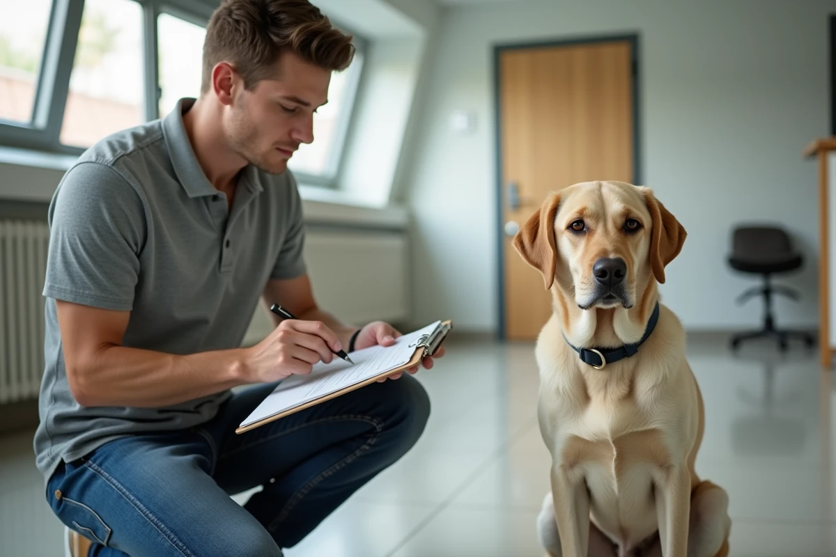 Spécialiste en évaluation canine avec un labrador en intérieur