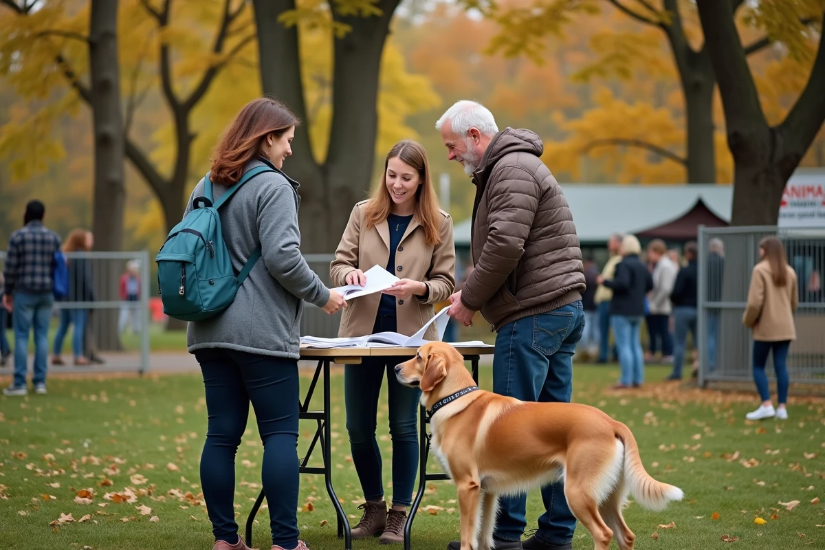 Bénévoles d'une association animale lors d'un événement d'adoption en plein air, examinant des dossiers avec un golden retriever en laisse
