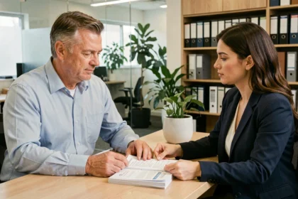 Un homme et une conseillère bancaire examinent des documents d'assurance emprunteur et un questionnaire médical dans un bureau moderne