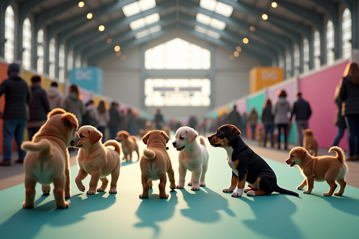 Vente de chiots lors d'un salon en France avec public et stands