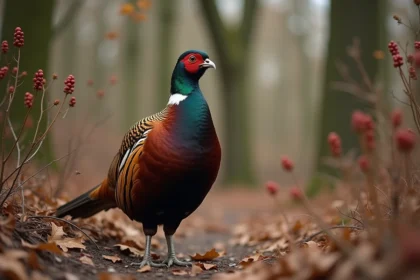 Faisan obscur en lisière de forêt entouré de végétation dense en automne, plumage irisé visible en détail