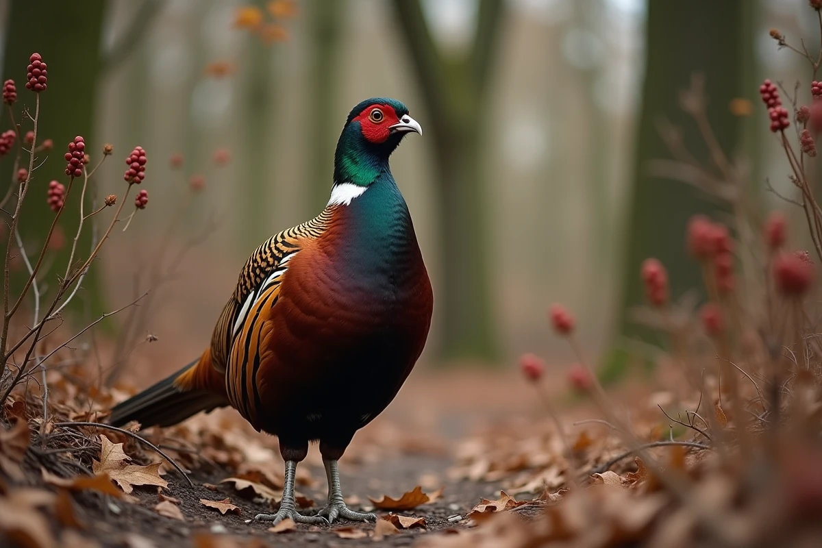 Faisan obscur en lisière de forêt entouré de végétation dense en automne, plumage irisé visible en détail