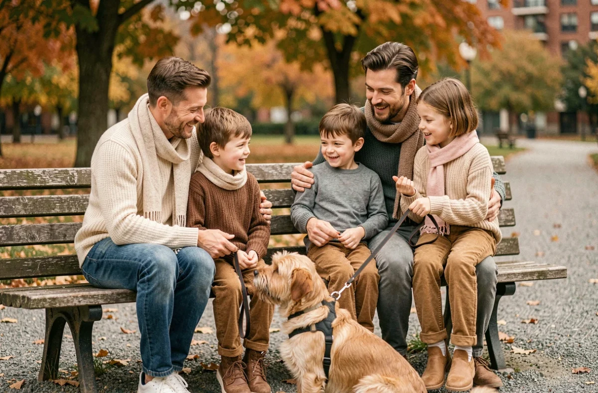 Famille avec enfants évaluant l'adoption d'un golden retriever miniature dans un parc urbain en automne