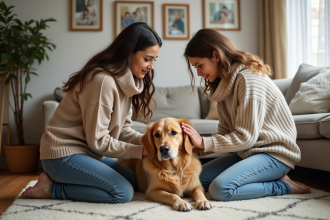 Mère et fille caressant un chien dans leur salon chaleureux