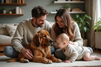 Jeune couple avec un chiot Newfoundland et bébé dans un salon cosy