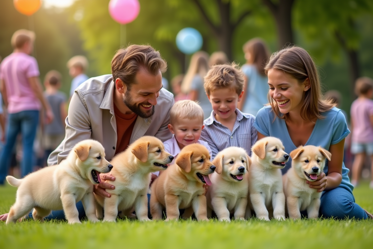 Famille heureuse caressant des chiots dans un parc en France