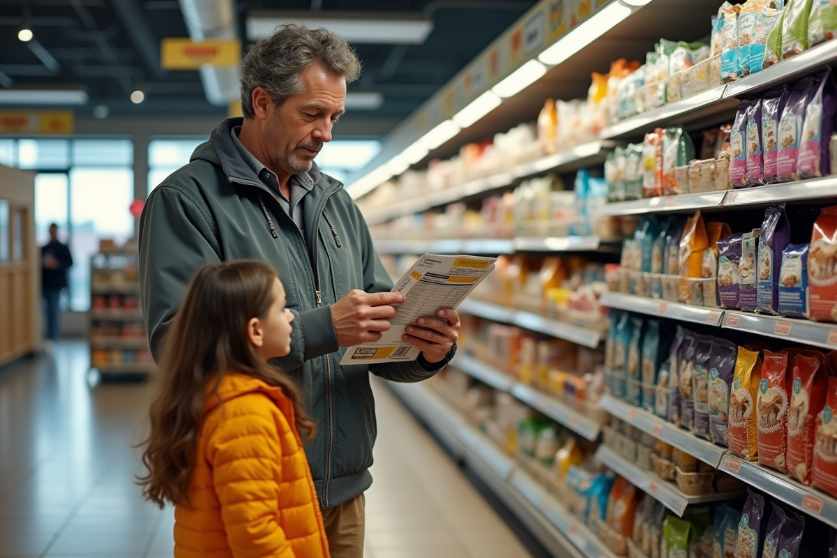 Pere et fille regardent tableau nutrition sur sac de nourriture pour chat