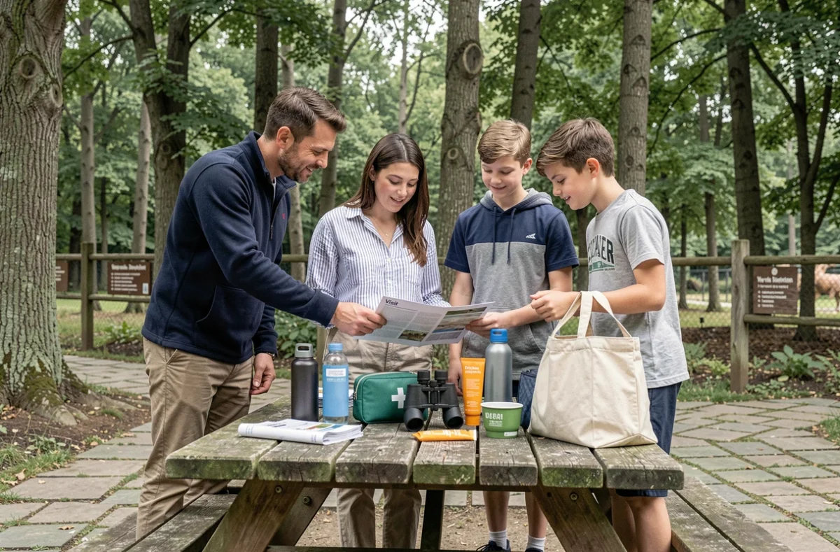 Famille préparant le matériel nécessaire pour visiter le parc animalier de Strasbourg, table de pique-nique avec équipements essentiels