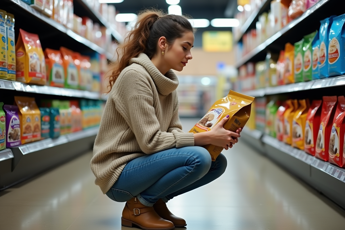 Jeune femme examine sacs de nourriture pour chat en supermarche