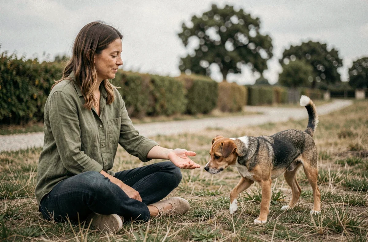 Femme tendant la main vers un petit chien craintif lors d'une première rencontre en extérieur