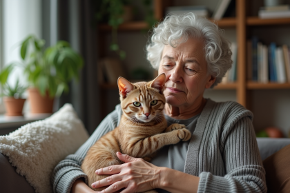 Femme âgée avec chat aux poils bouclés dans un salon chaleureux