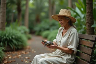 Femme âgée tenant une tortue dans un jardin botanique