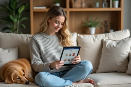 Femme choisissant des produits pour animaux sur une animalerie en ligne depuis sa tablette, accompagnée de son golden retriever