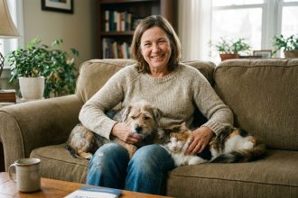 Femme souriante avec chien et chat sur ses genoux dans un salon