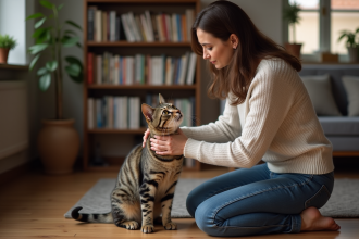 Femme caressant son chat dans un intérieur chaleureux
