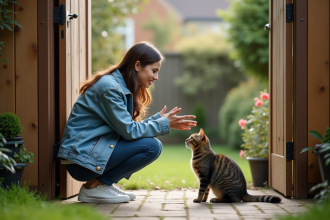 Jeune femme avec chat dans un jardin en arrière-plan