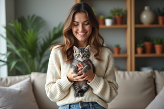 Jeune femme tenant un chaton gris dans un salon chaleureux