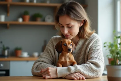 Femme assise avec un petit teckel nain dans la cuisine chaleureuse