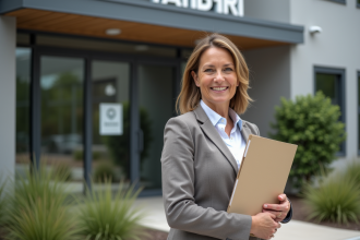 Femme souriante devant centre d'éducation animale