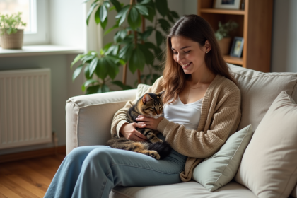 Femme assise avec son chat sur les genoux dans un salon chaleureux