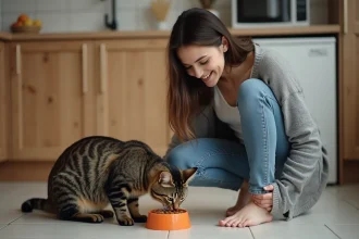 Femme souriante avec chat dans une cuisine chaleureuse