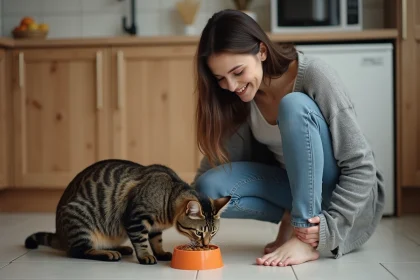 Femme souriante avec chat dans une cuisine chaleureuse