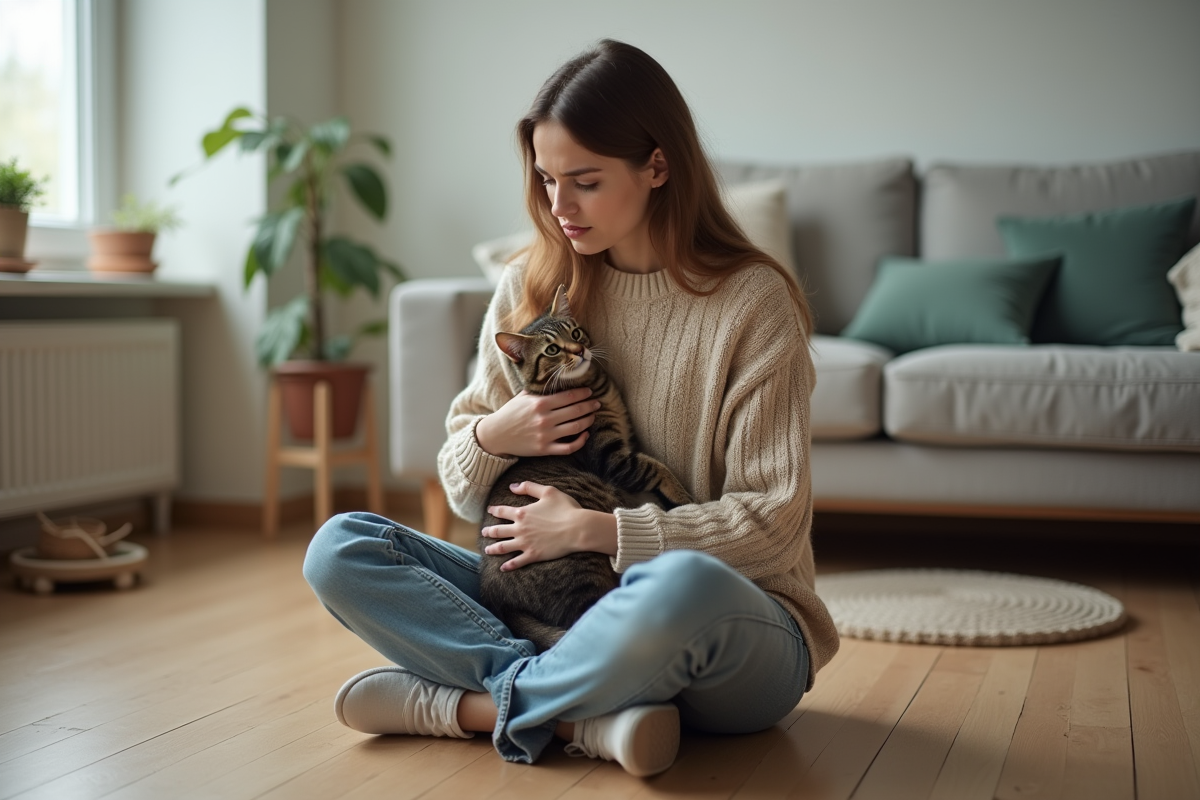 Jeune femme avec chat dans un intérieur moderne