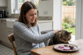 Femme empêchant un chat curieux de sentir une assiette d'oignons et chocolat
