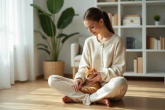 Jeune femme caressant un chat roux tigré sur ses genoux dans un salon moderne et cosy