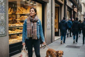 Femme urbaine avec chien dans une rue animée