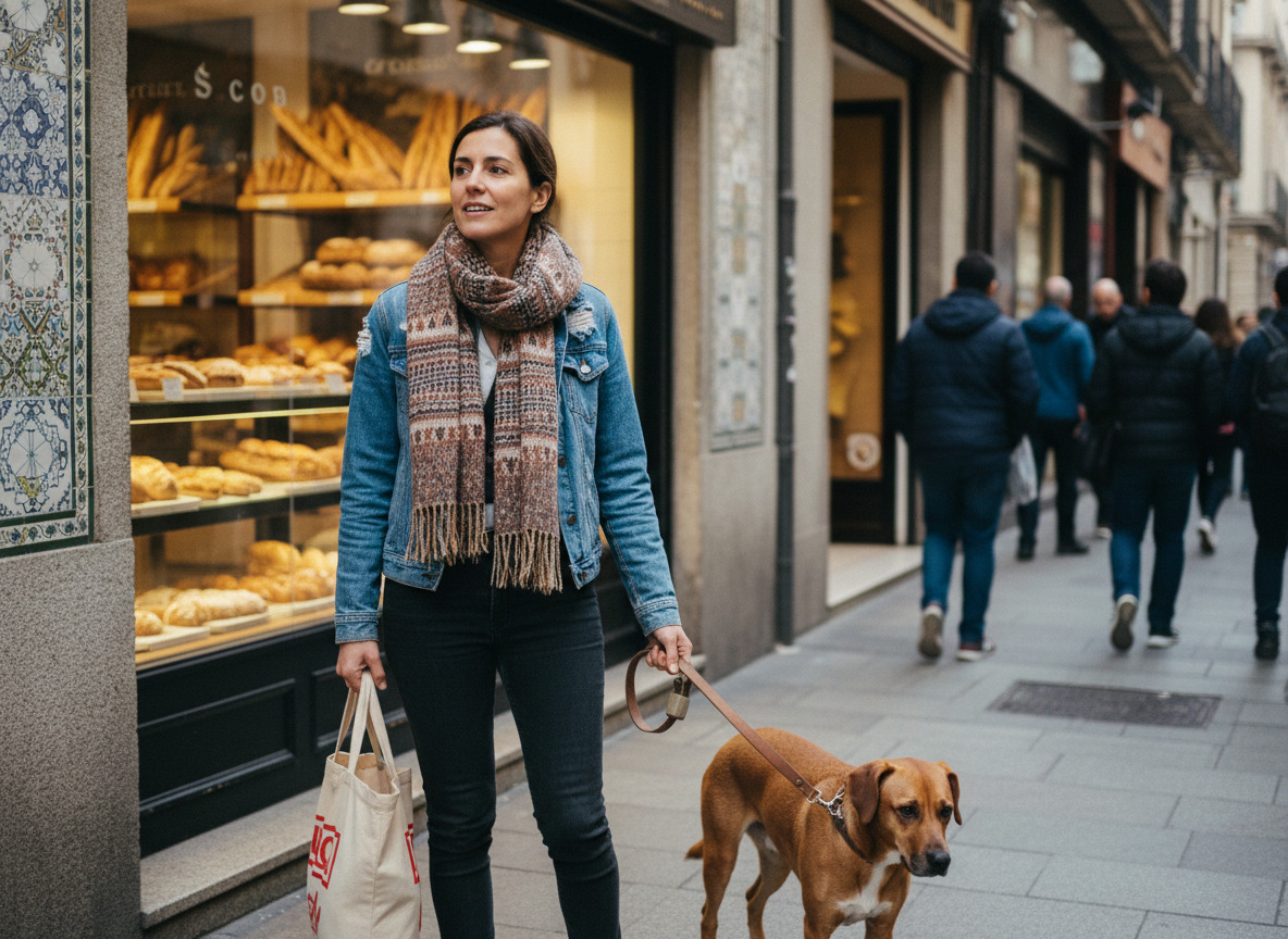 Femme urbaine avec chien dans une rue animée