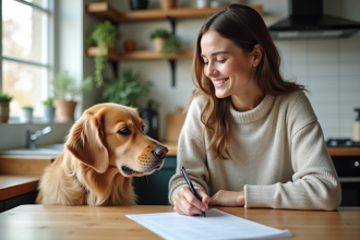 Jeune femme remplissant un formulaire avec son chien golden retriever