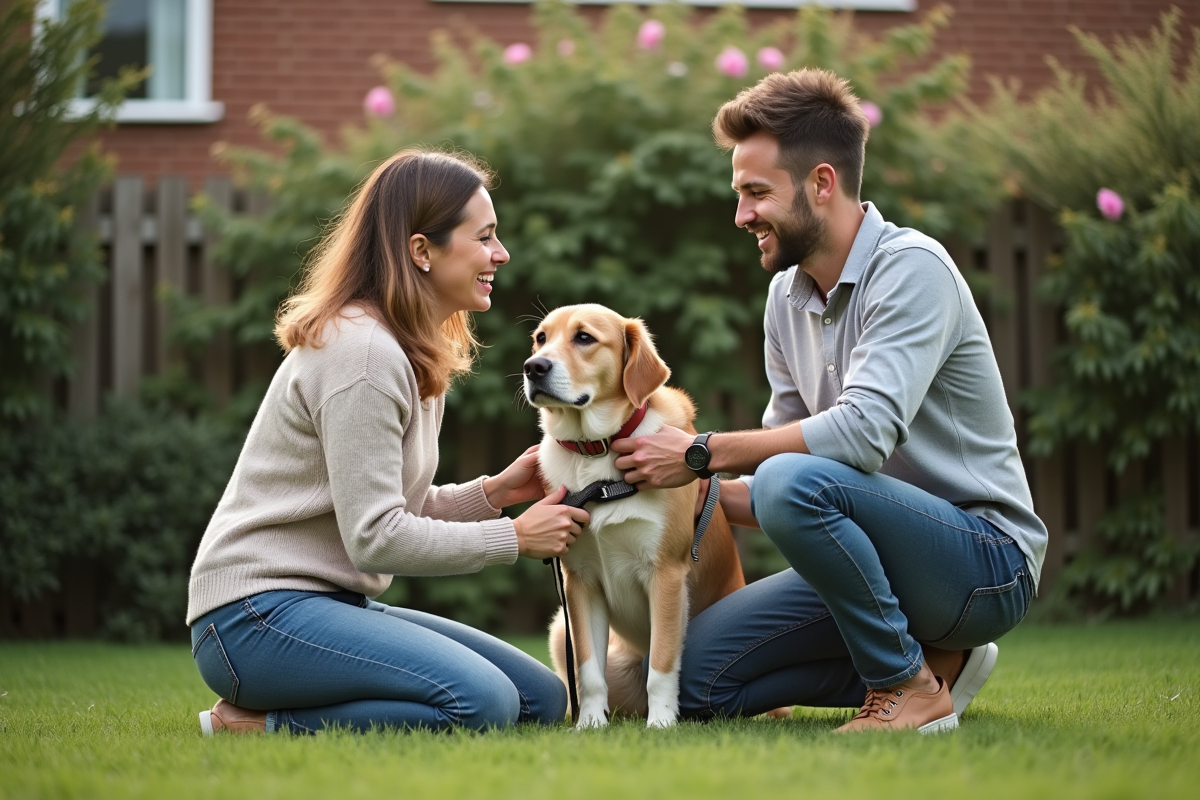 Femme avec chien dans un jardin suburbain