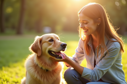 Jeune femme caressant un golden retriever heureux dans un parc ensoleille