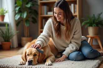 Jeune femme caressant son chien dans un salon chaleureux