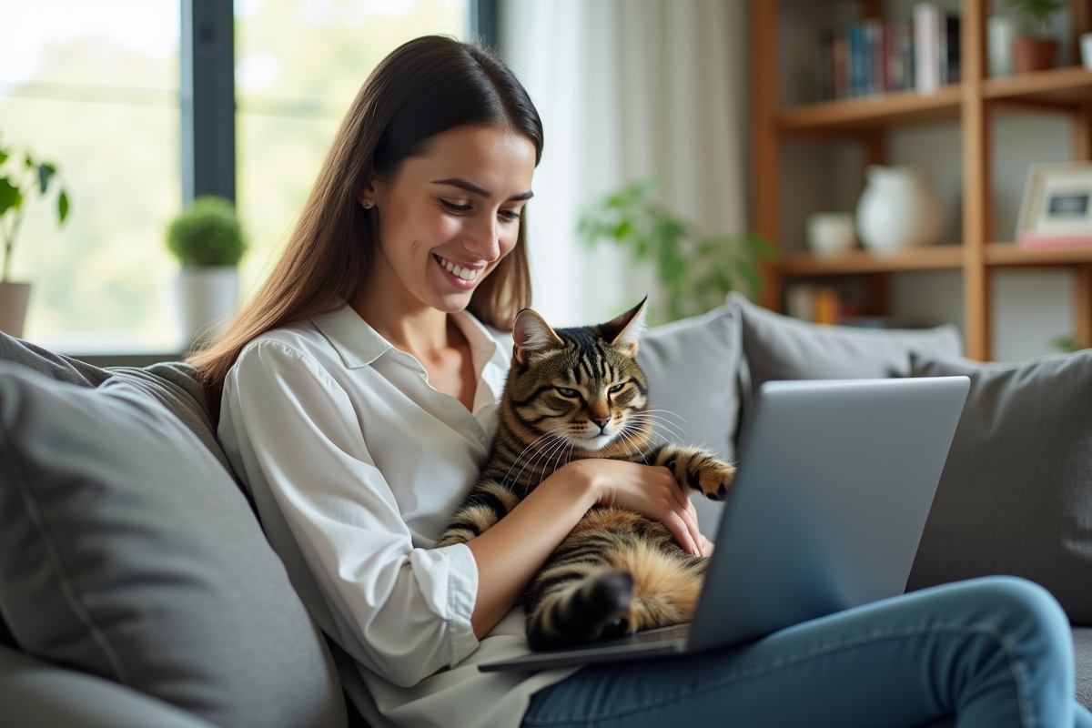 Femme heureuse avec chat tabby sur un canapé lumineux