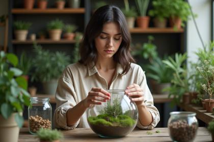 Jeune femme arrangeant un terrarium dans un atelier botanique