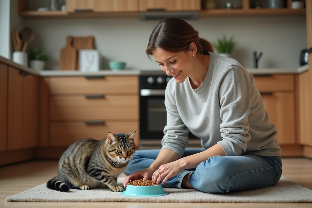 Femme en homewear posant un bol de nourriture pour chat dans la cuisine