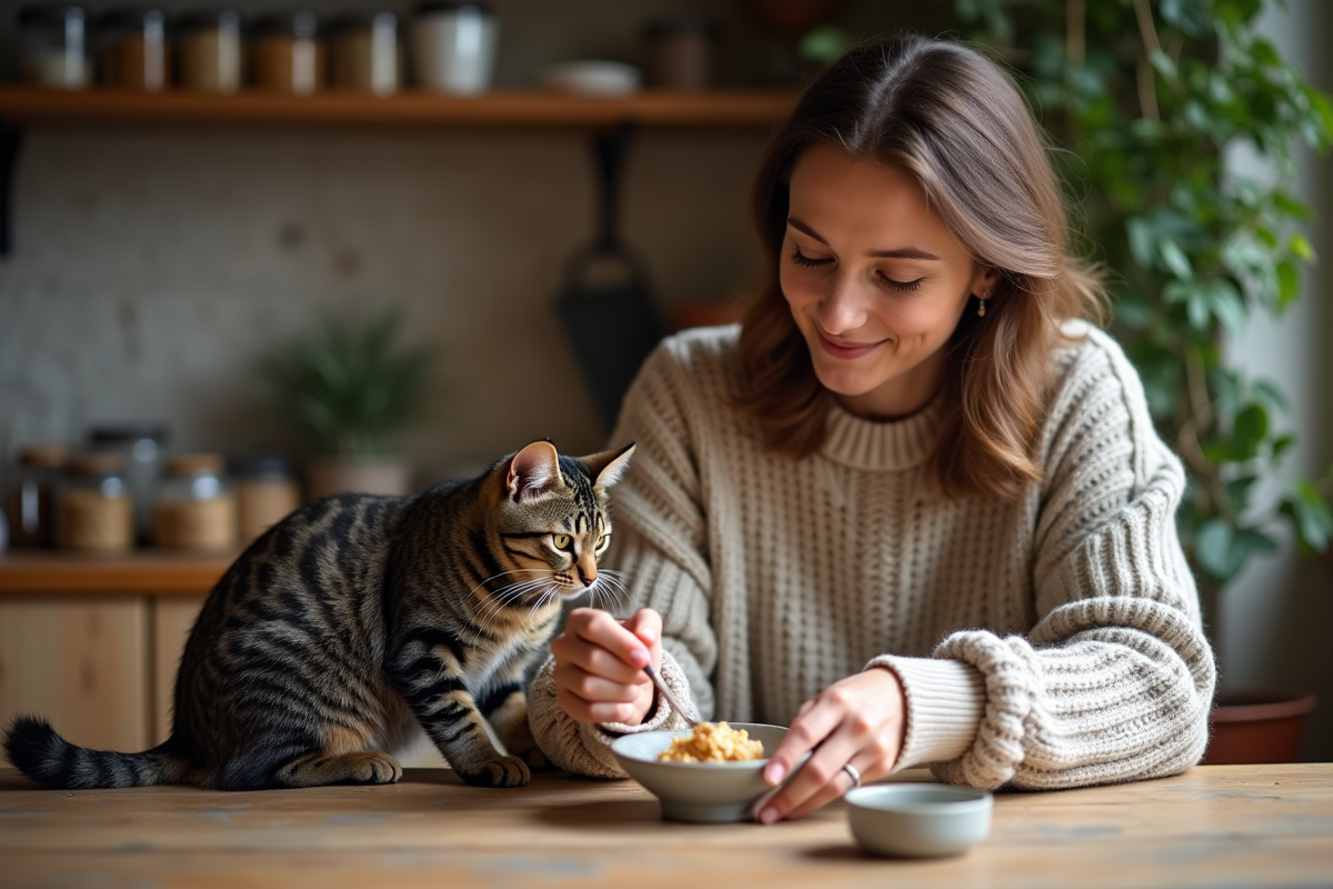 Femme en tricot cuisine pâté pour son chat dans une cuisine chaleureuse