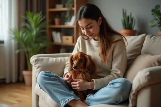 Jeune femme avec chien dachshund dans un salon cosy